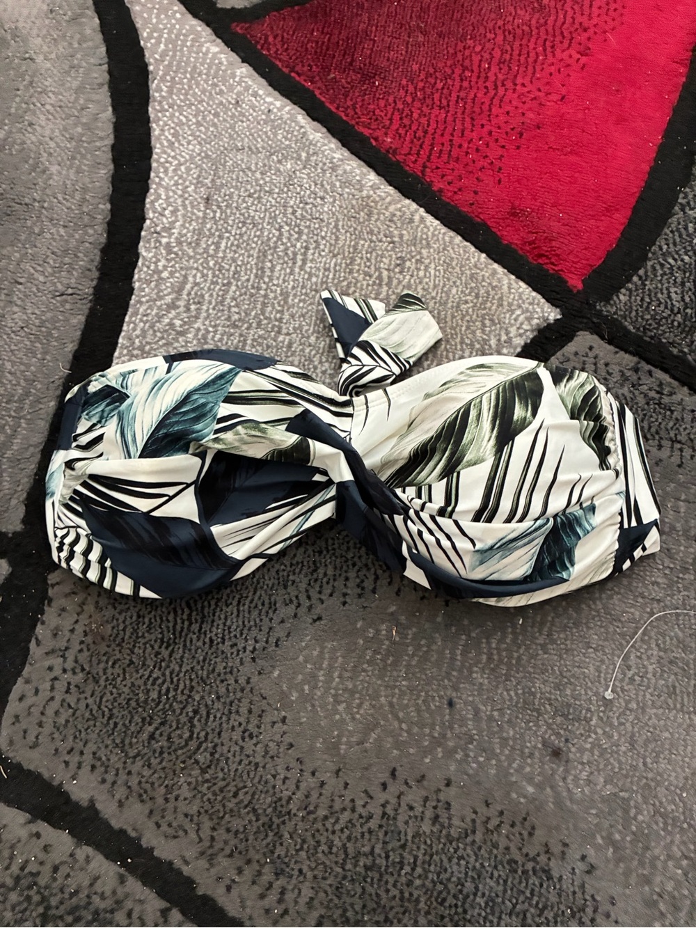 La Blanca White Bandeau Bikini Top with Navy & Green Leaf Print